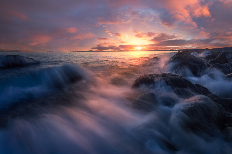 Ocean Waves at Sunset — Purple, Dramatic, Photograph, Rocks, Sun, Clouds