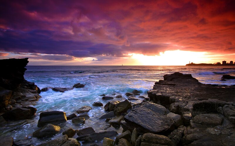 Ocean Waves at Sunset — Purple, Dramatic, Photograph, Rocks