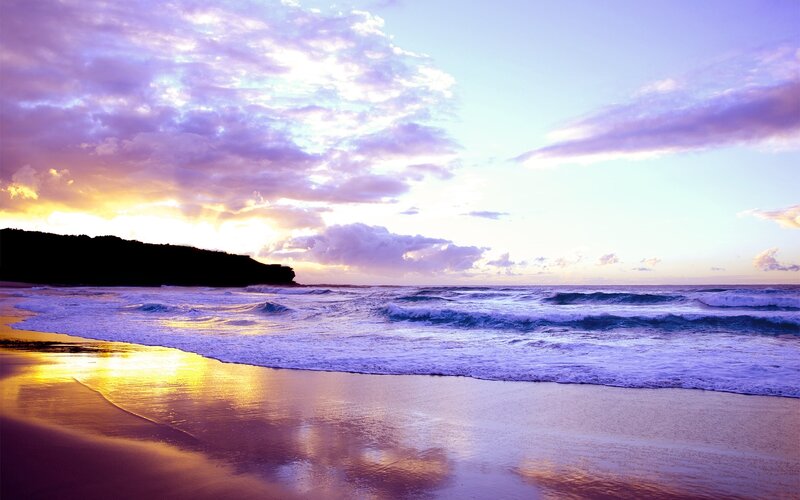 Ocean Waves at Sunset — Purple, Dramatic, Photograph, Sky, Beach