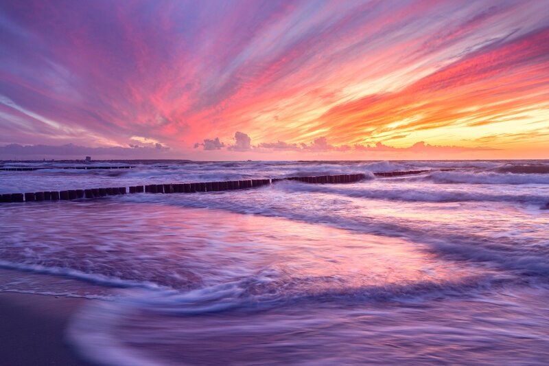 Ocean Waves at Sunset — Purple, Dramatic, Photograph, Sky, Breakwaters