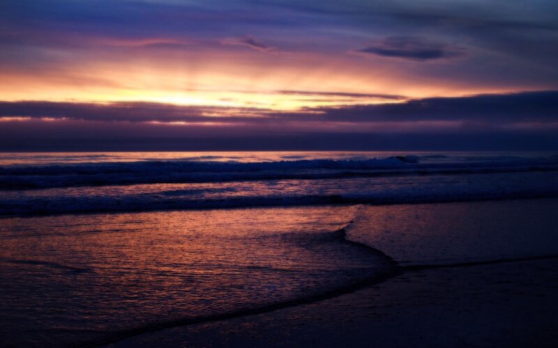 Ocean Waves at Sunset — Purple, Dramatic, Photograph, Sky, Clouds, Beach