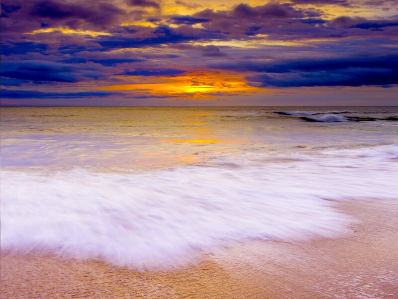 Ocean Waves at Sunset — Purple, Dramatic, Photograph, Sky, Clouds, Sand