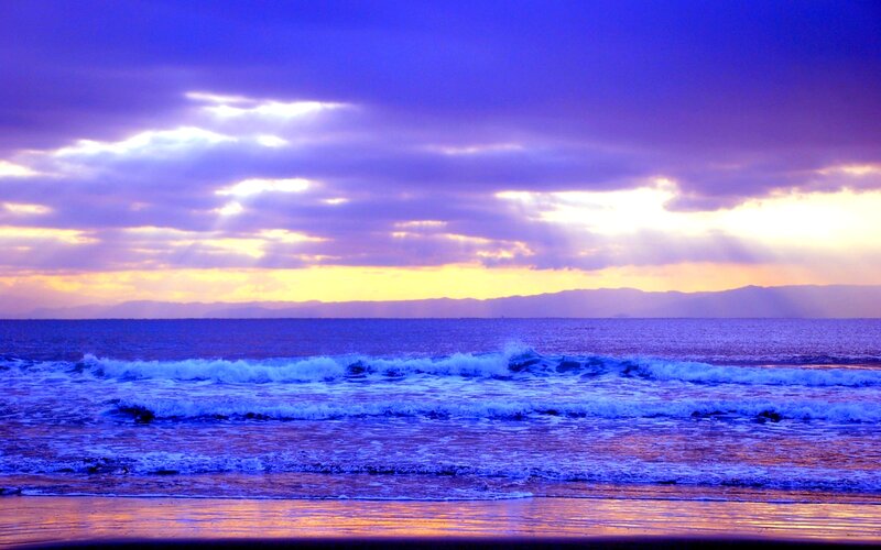 Ocean Waves at Sunset — Purple, Dramatic, Photograph, Sky, Mountains, Beach