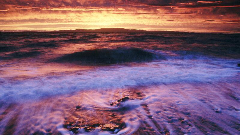 Ocean Waves at Sunset — Purple, Dramatic, Photograph, Sky, Mountains, Foam