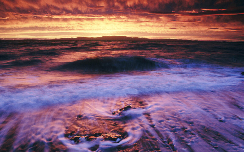 Ocean Waves at Sunset — Purple, Dramatic, Photograph, Sky, Mountains