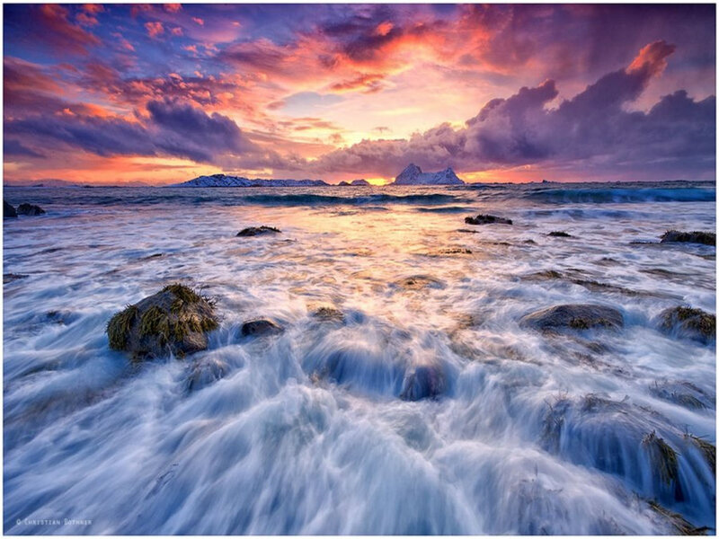 Ocean Waves at Sunset — Purple, Dramatic, Photograph, Sky, Rocks, Islands