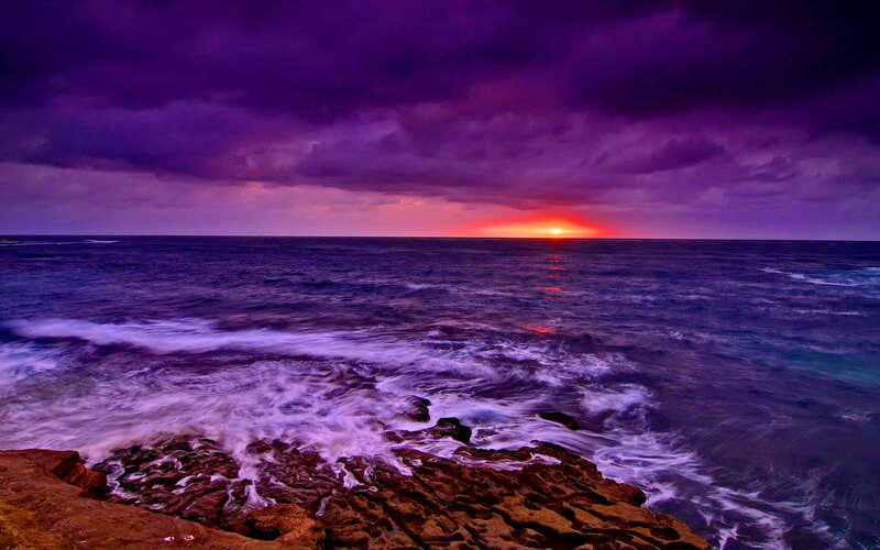 Ocean Waves at Sunset — Purple, Dramatic, Photograph, Sky, Rocks