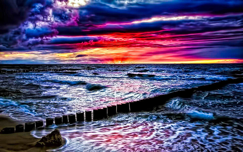 Ocean Waves at Sunset — Purple, Dramatic, Photograph, Sky, Sea