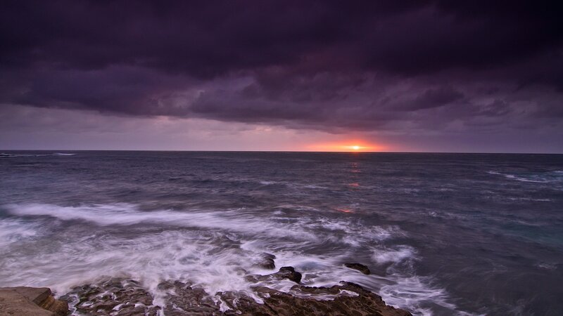 Ocean Waves at Sunset — Purple, Dramatic, Photograph, Sun, Clouds