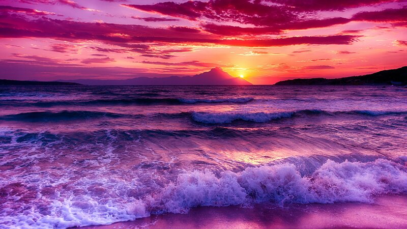 Ocean Waves at Sunset — Purple, Dramatic, Photograph, Sun, Mountain
