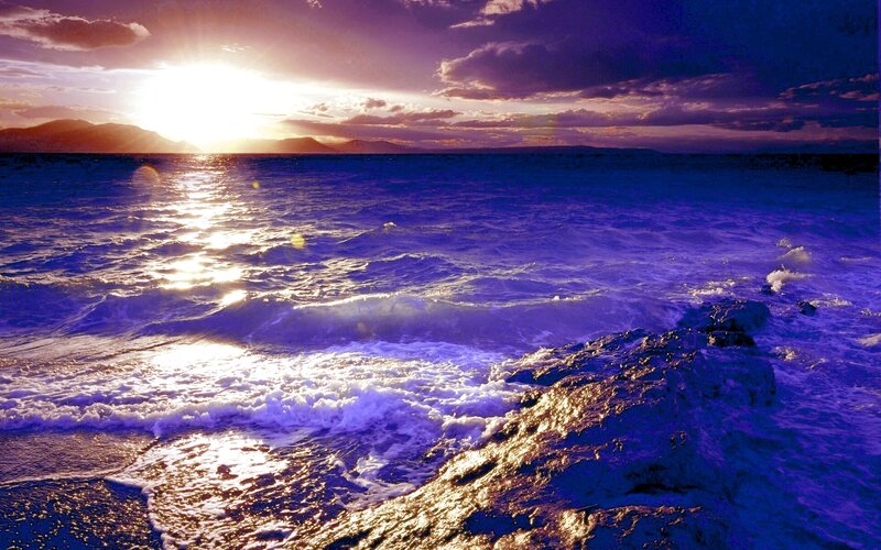 Ocean Waves at Sunset — Purple, Dramatic, Photograph, Sun, Mountains