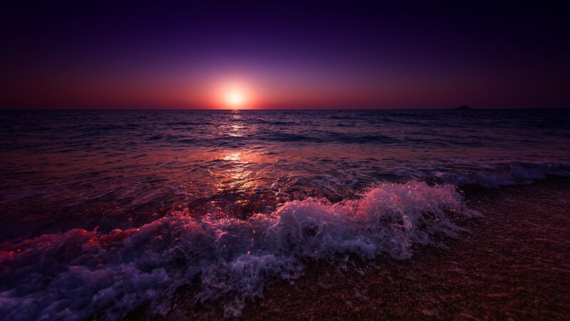 Ocean Waves at Sunset — Purple, Dramatic, Photograph, Sun, Sea