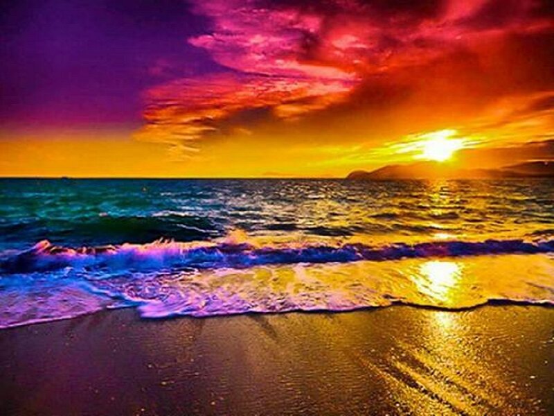 Ocean Waves at Sunset — Purple, Dramatic, Photograph, Sun, Sky