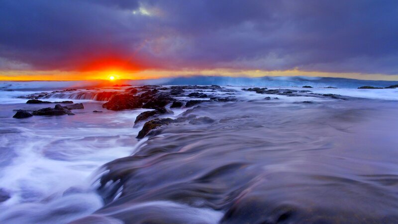 Ocean Waves at Sunset — Purple, Dramatic, Photograph, Sun