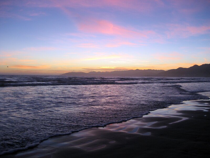 Ocean Waves at Sunset — Purple, Serene, Photograph, Mountains, Sky, Beach, Pink