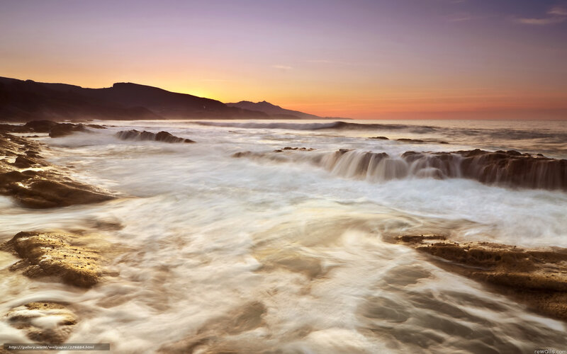 Ocean Waves at Sunset — Purple, Serene, Photograph, Mountains