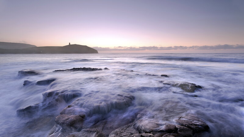 Ocean Waves at Sunset — Purple, Serene, Photograph, Rocks, Cliff