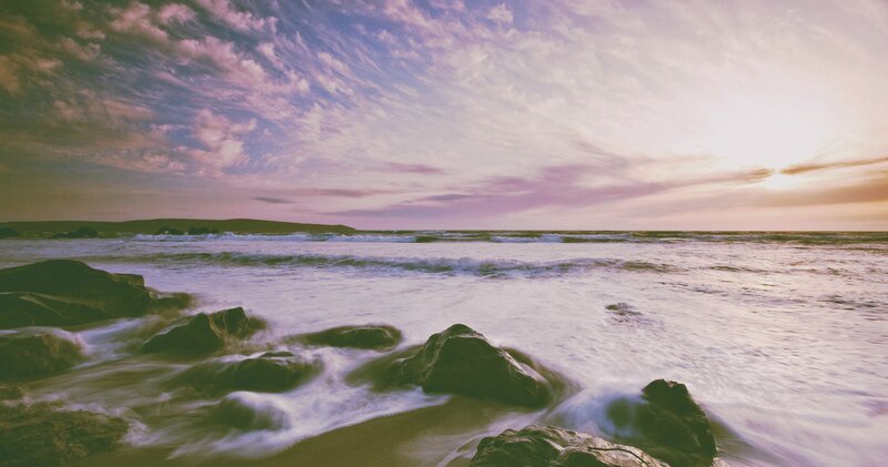 Ocean Waves at Sunset — Purple, Serene, Photograph, Rocks, Clouds