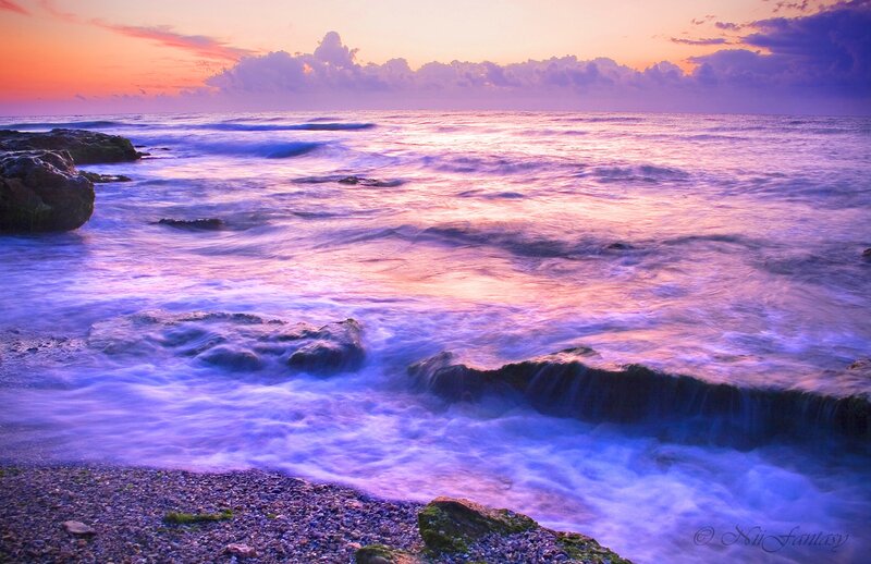 Ocean Waves at Sunset — Purple, Serene, Photograph, Rocks