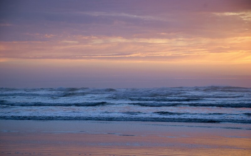 Ocean Waves at Sunset — Purple, Serene, Photograph, Sky, Beach, Orange, Blue