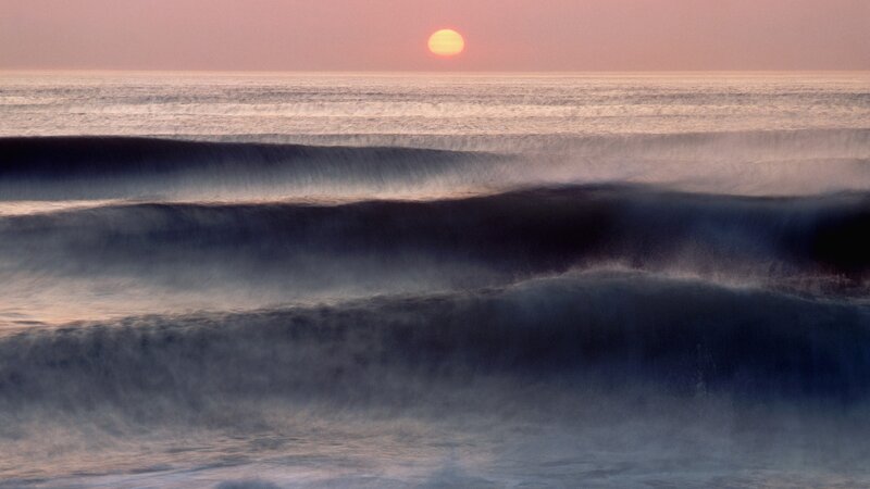 Ocean Waves at Sunset — Purple, Serene, Photograph, Sun, Sea