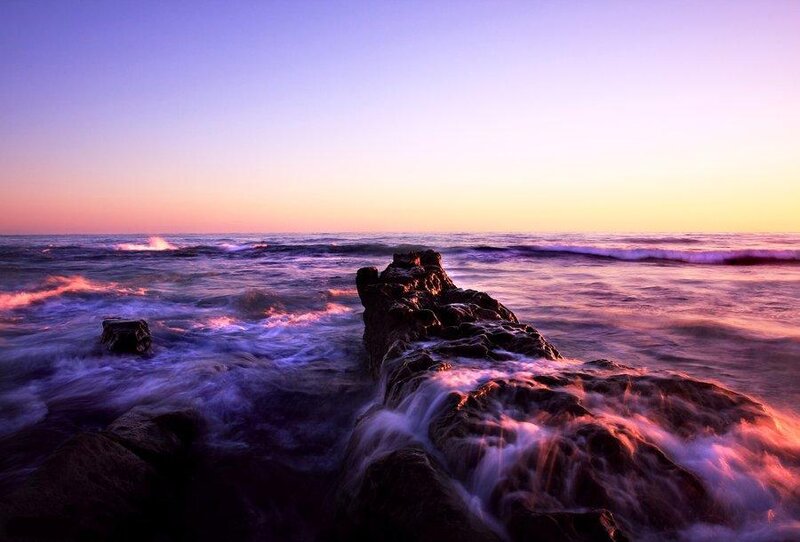 Ocean Waves at Sunset — Purple, Serene, Photograph
