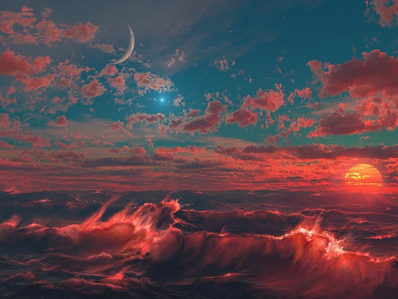 Ocean Waves at Sunset — Red, Dramatic, Digital Art