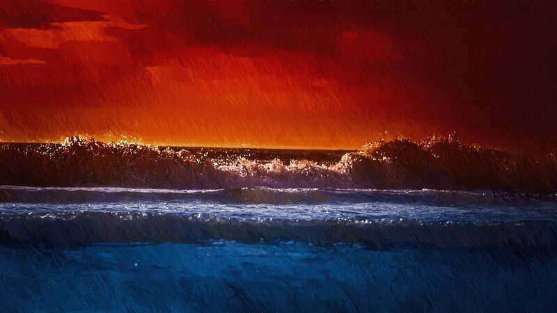 Ocean Waves at Sunset — Red, Dramatic, Painting
