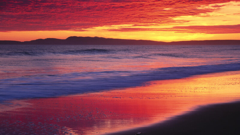 Ocean Waves at Sunset — Red, Dramatic, Photograph, Mountain, Sky