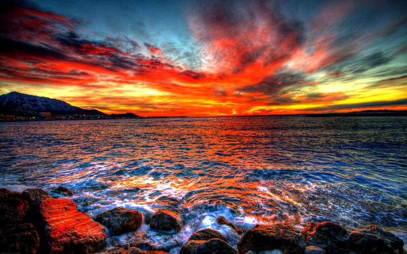 Ocean Waves at Sunset — Red, Dramatic, Photograph, Mountain