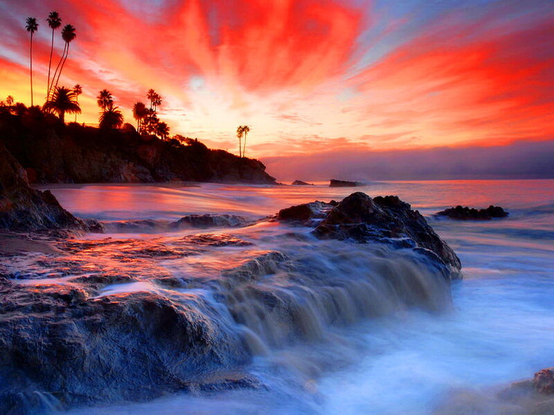 Ocean Waves at Sunset — Red, Dramatic, Photograph, Palm Trees, Rocks