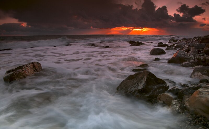 Ocean Waves at Sunset — Red, Dramatic, Photograph, Rocks, Clouds
