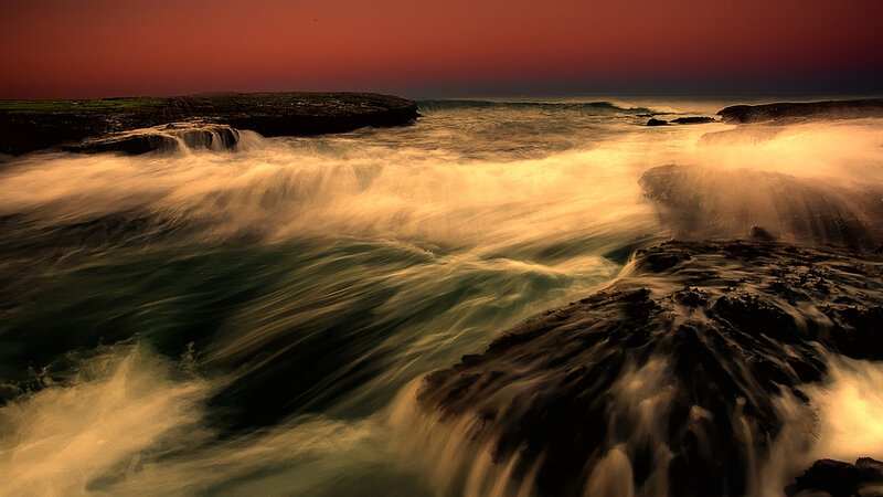 Ocean Waves at Sunset — Red, Dramatic, Photograph, Rocks, Sea