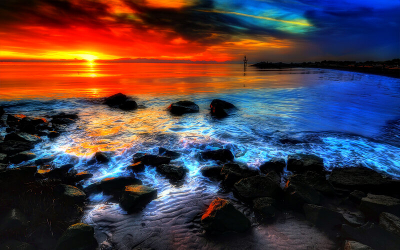 Ocean Waves at Sunset — Red, Dramatic, Photograph, Rocks, Sky, Sun