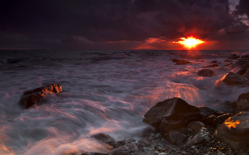 Ocean Waves at Sunset — Red, Dramatic, Photograph, Rocks, Sky