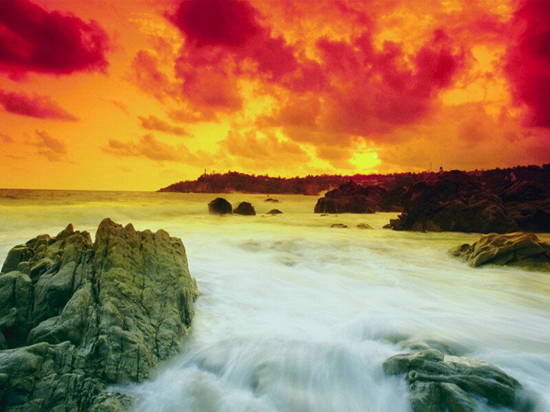 Ocean Waves at Sunset — Red, Dramatic, Photograph, Rocks