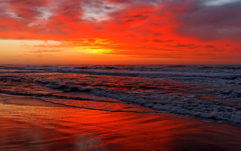 Ocean Waves at Sunset — Red, Dramatic, Photograph, Sky, Beach