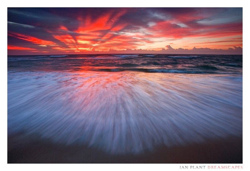 Ocean Waves at Sunset — Red, Dramatic, Photograph, Sky, Clouds, Beach