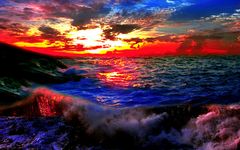 Ocean Waves at Sunset — Red, Dramatic, Photograph, Sky, Clouds, Rocks