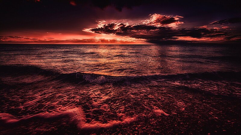 Ocean Waves at Sunset — Red, Dramatic, Photograph, Sky, Clouds, Sea