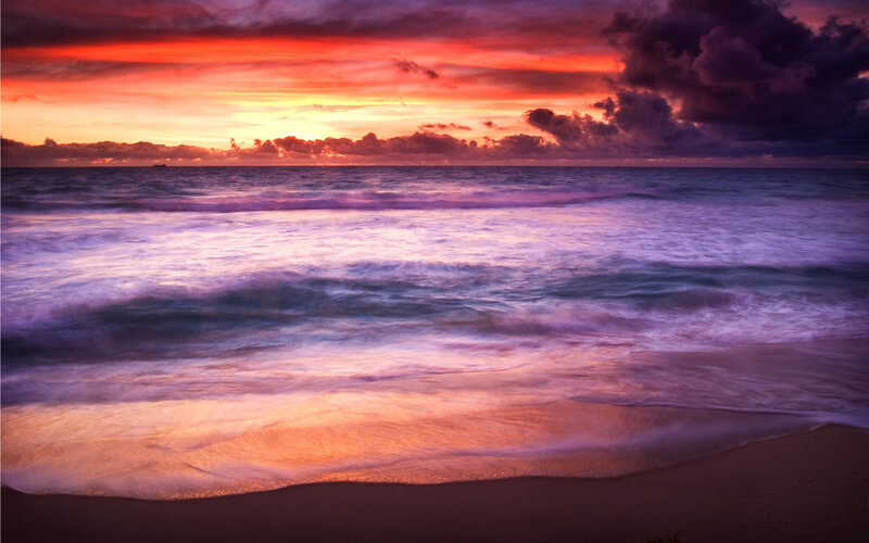 Ocean Waves at Sunset — Red, Dramatic, Photograph, Sky, Clouds