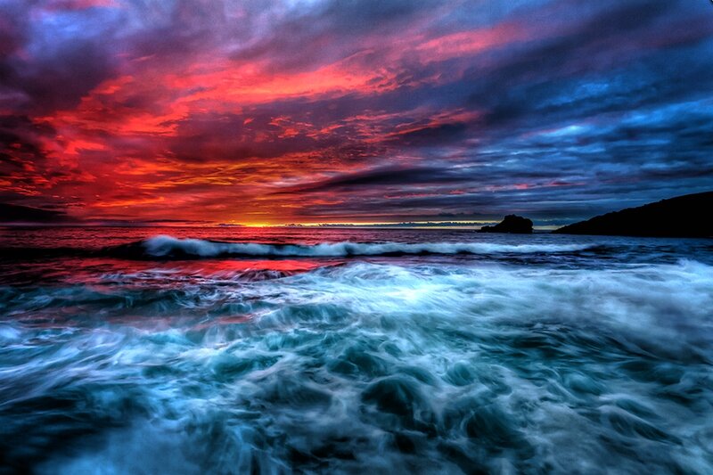 Ocean Waves at Sunset — Red, Dramatic, Photograph, Sky, Island
