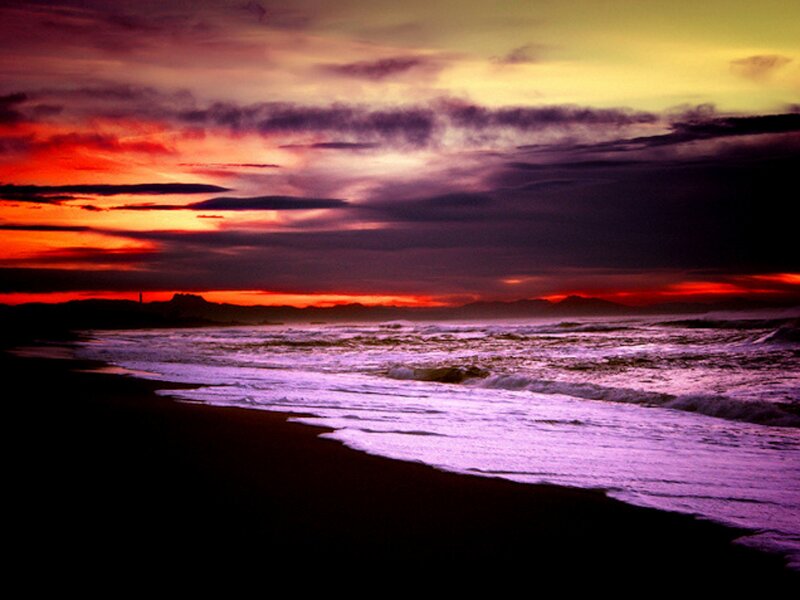 Ocean Waves at Sunset — Red, Dramatic, Photograph, Sky, Mountains