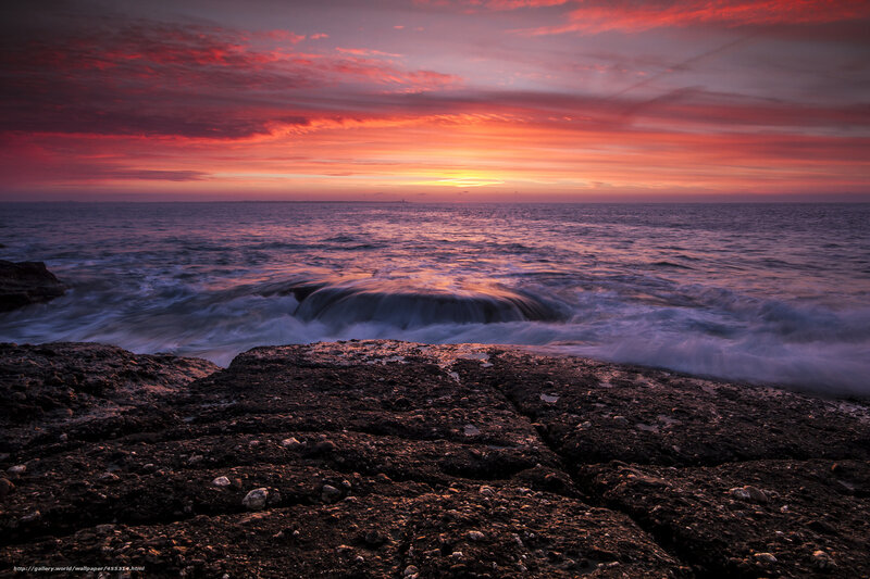 Ocean Waves at Sunset — Red, Dramatic, Photograph, Sky, Rocks, Sea