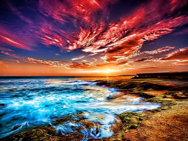 Ocean Waves at Sunset — Red, Dramatic, Photograph, Sky, Rocks