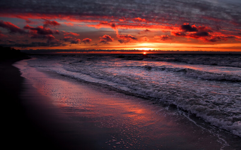 Ocean Waves at Sunset — Red, Dramatic, Photograph, Sky, Sand, Sun