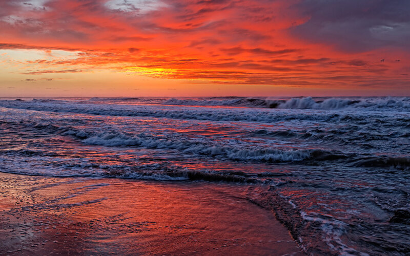 Ocean Waves at Sunset — Red, Dramatic, Photograph, Sky, Sand