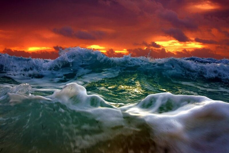 Ocean Waves at Sunset — Red, Dramatic, Photograph, Sky