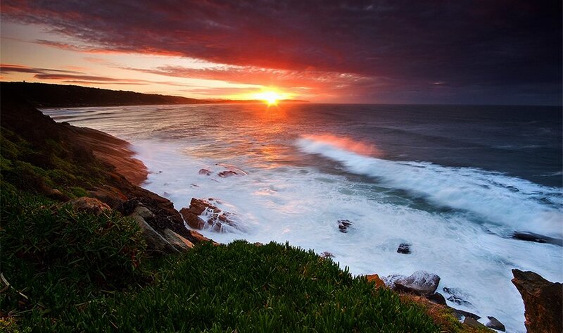 Ocean Waves at Sunset — Red, Dramatic, Photograph, Sun, Cliff