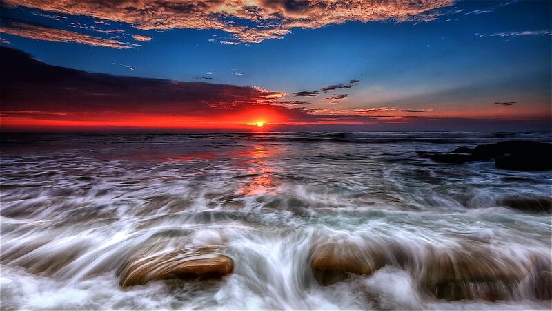 Ocean Waves at Sunset — Red, Dramatic, Photograph, Sun, Clouds